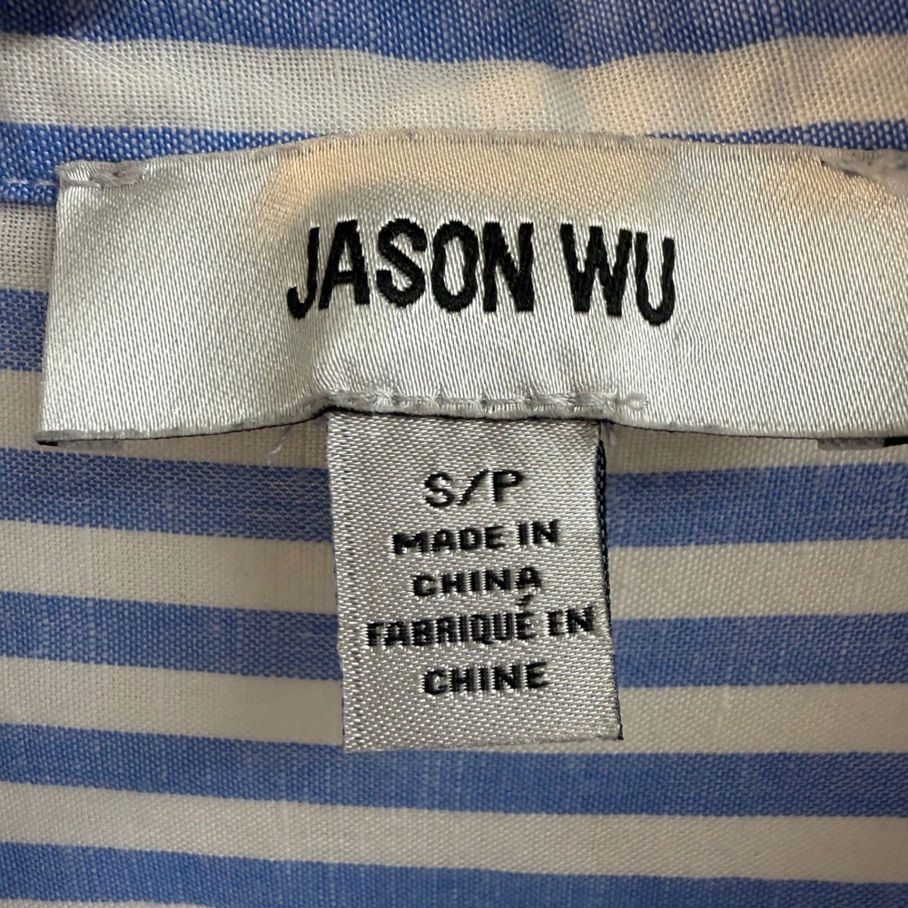 Jason Wu Womens Blue White Striped Linen Blend Button Up Shirt Short Sleeve Sz S - Picture 6 of 7